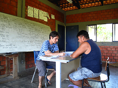 Thiago Castro, left, documents the Djeoromitxí language with a native speaker / photo courtesy of Thiago Castro.