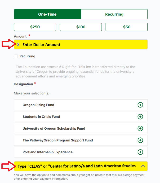 Screenshot showing how to select CLLAS on the University of Oregon giving page